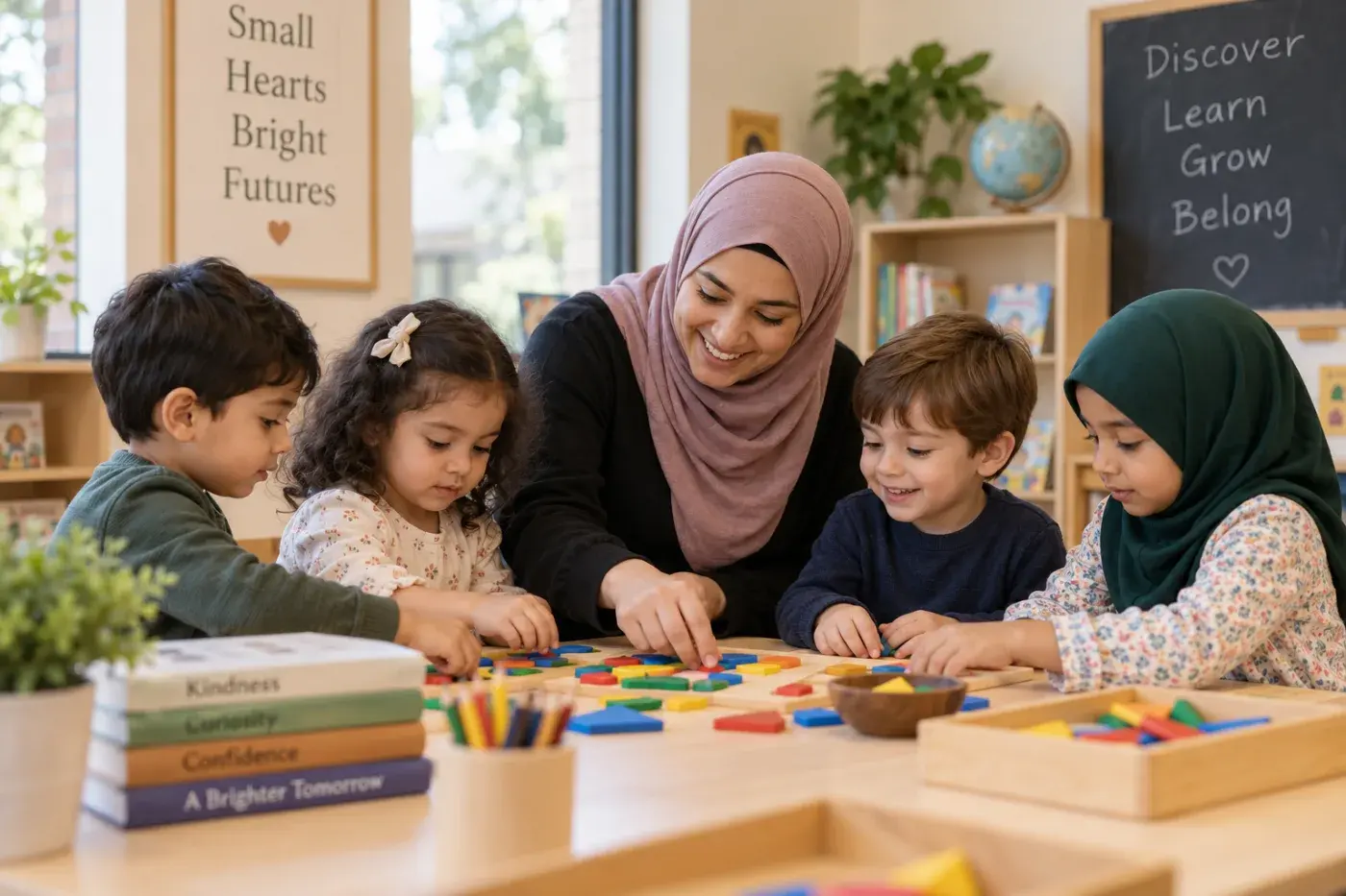 Young children and a teacher at a classroom table with books and learning materials